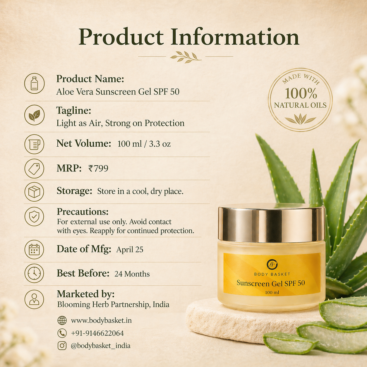 Aloe Vera Sunscreen Gel SPF 50 | 100 gm